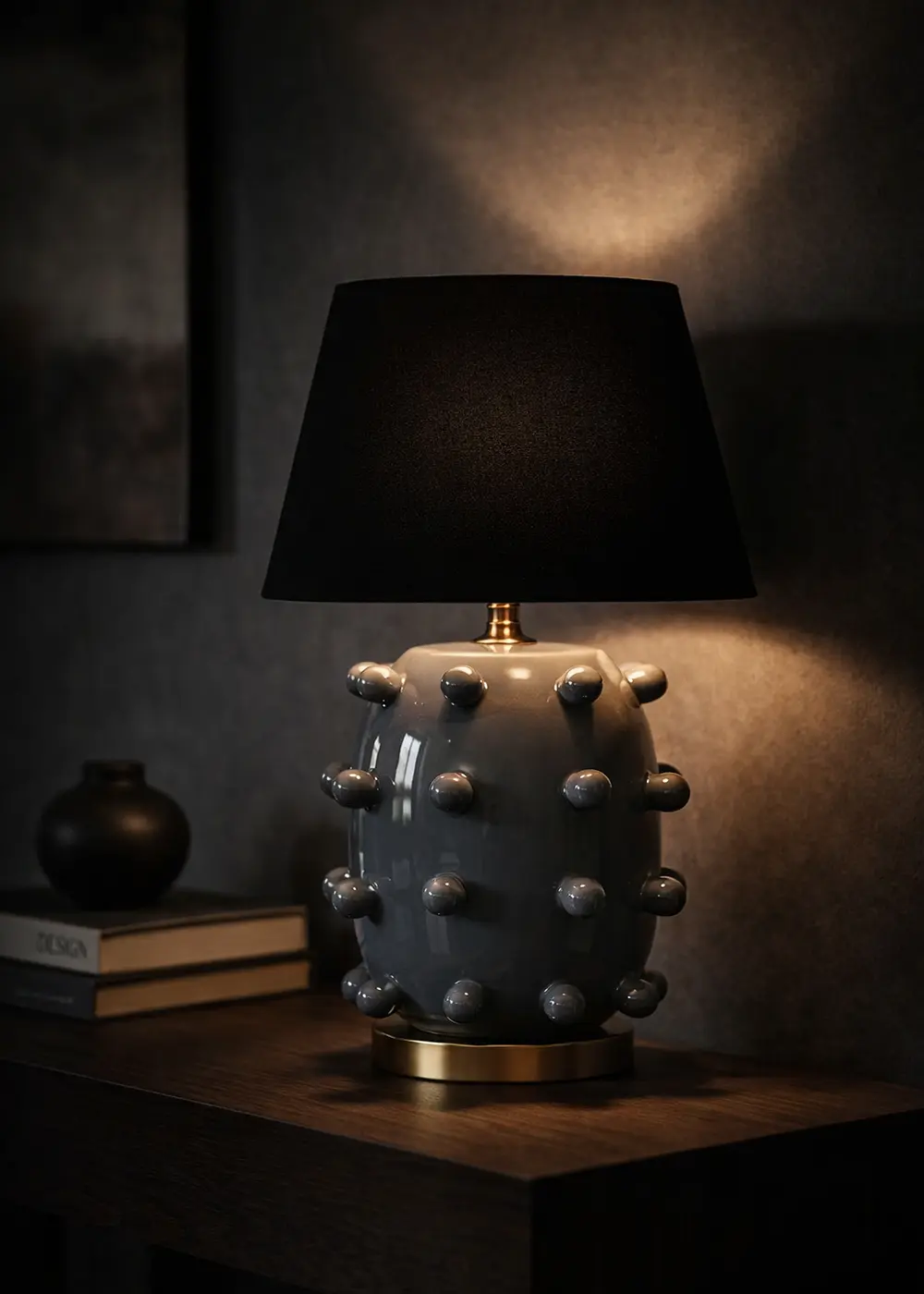 Gri Roma Seramik Abajur – El Yapımı – Siyah Başlık