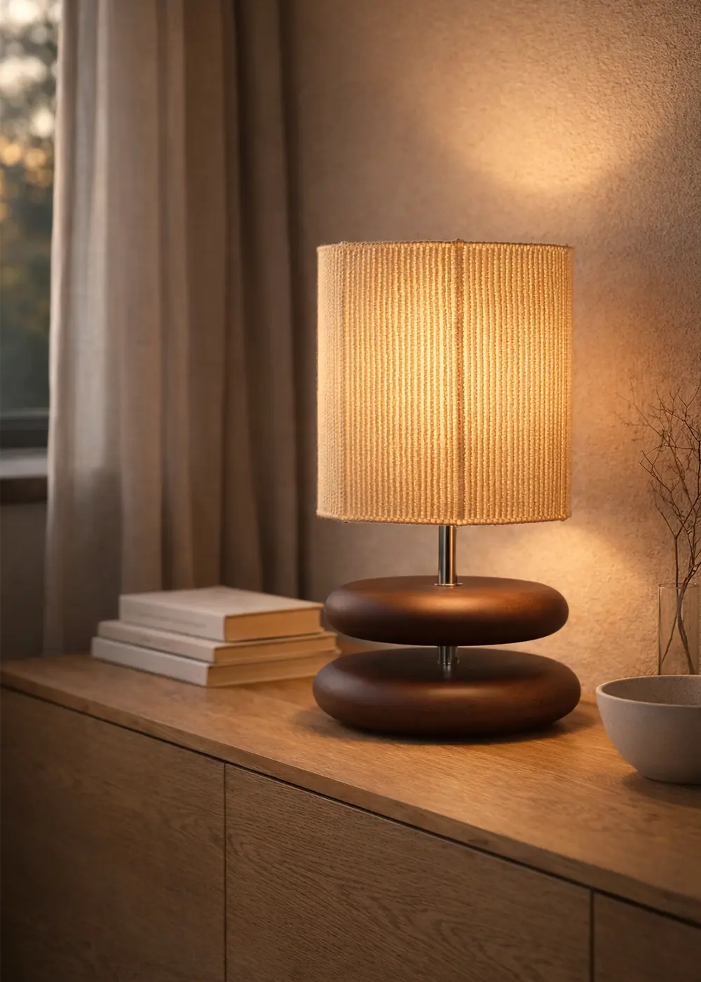 Mono Kızıl Kahve Ahşap Gövdeli Abajur – Bej Örgü Şapkalı El Yapımı Tasarım