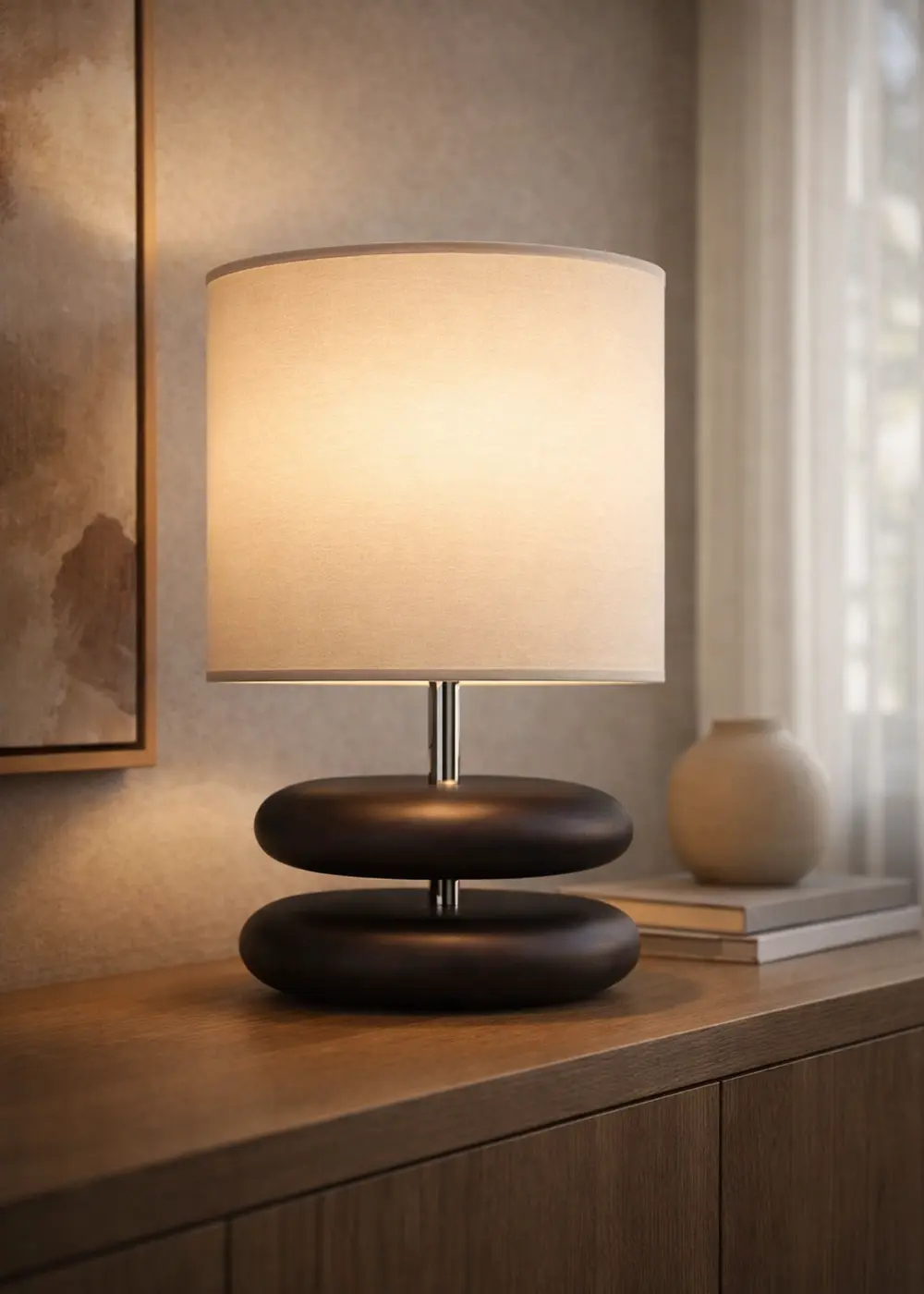 Mono Koyu Ceviz Ahşap Gövde Abajur – Bej Kumaş Şapkalı