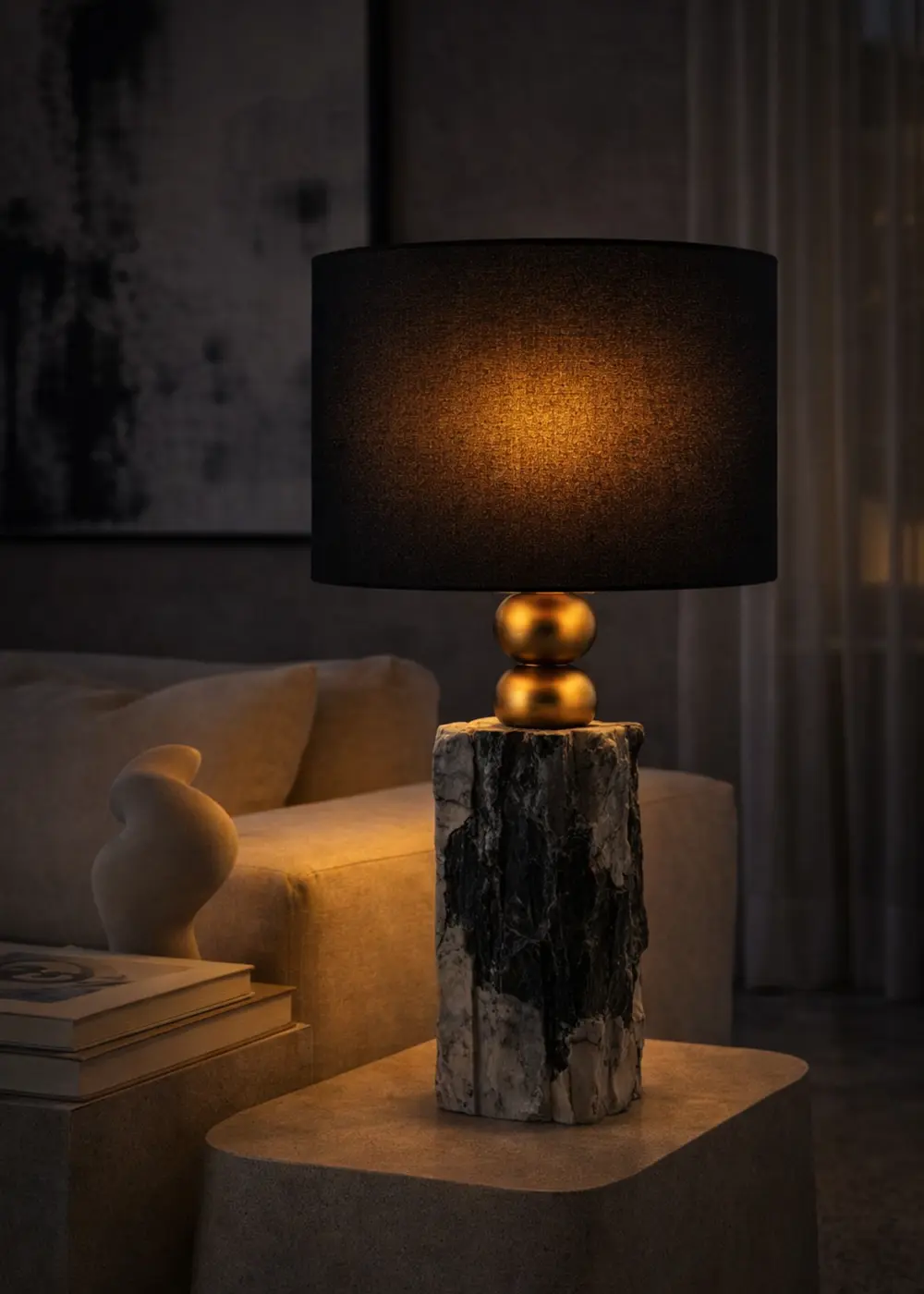 Kiev Doğal Mermer Masa Lambası – Siyah Şapkalı