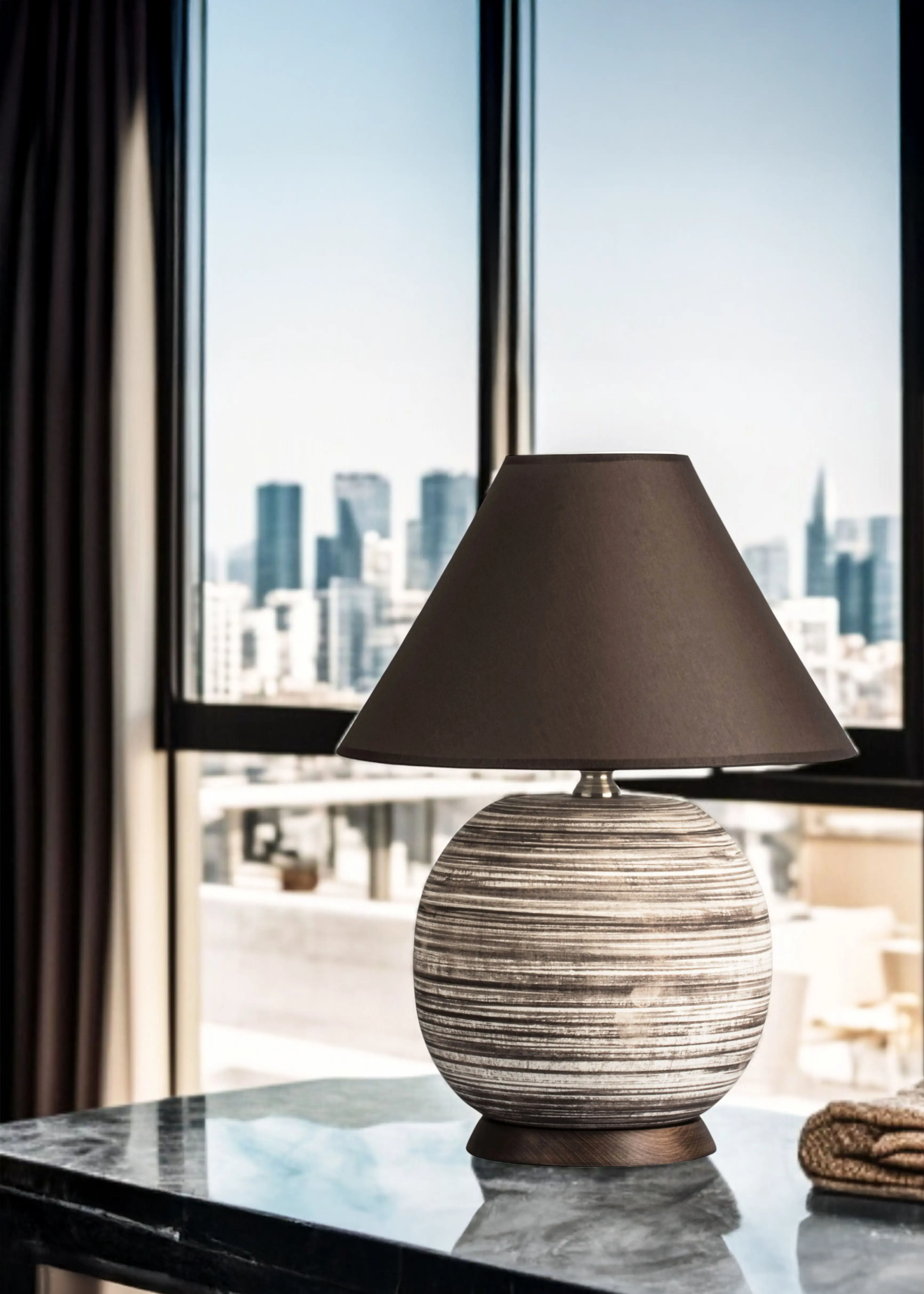 Kahire Serisi Çizgili Seramik Abajur-Kahve Başlık