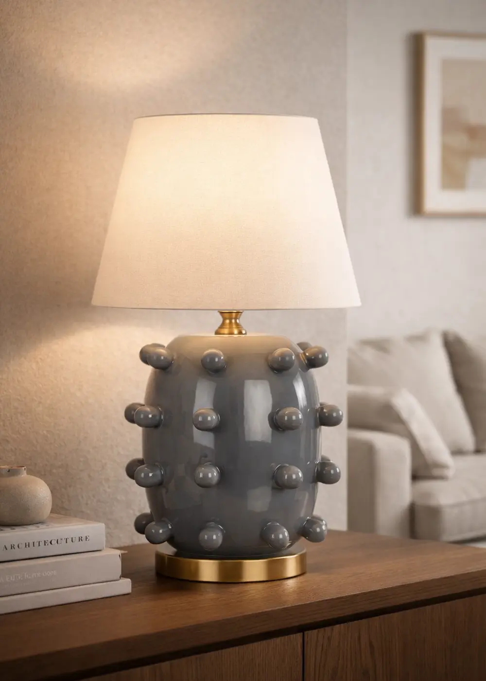 Gri Roma Seramik Abajur – El Yapımı – Krem Başlık