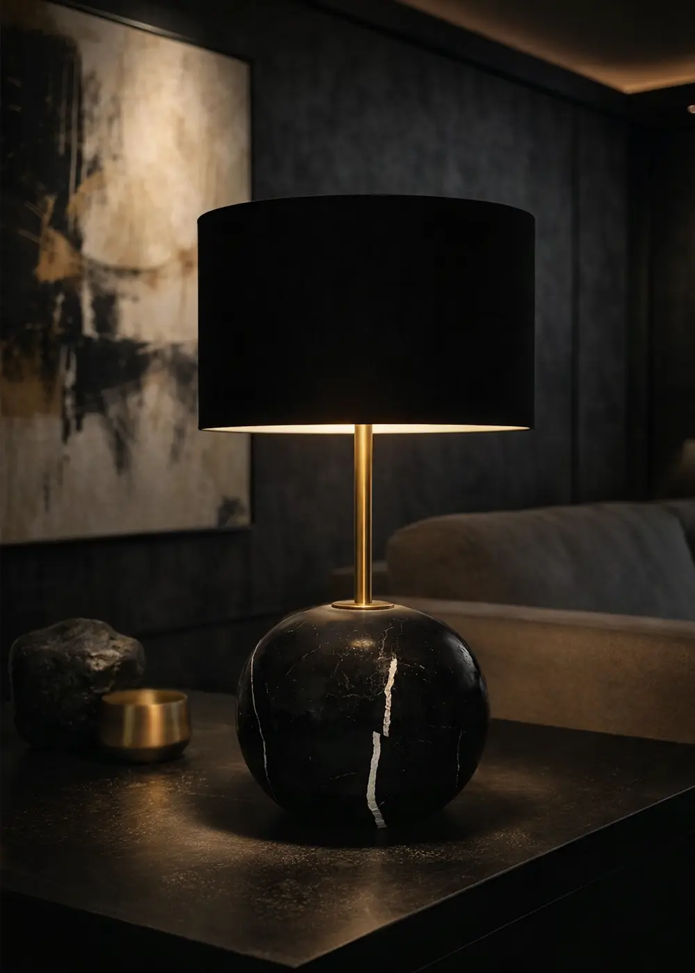 Point Mermer Görünümlü Siyah Abajur - Siyah Şapka