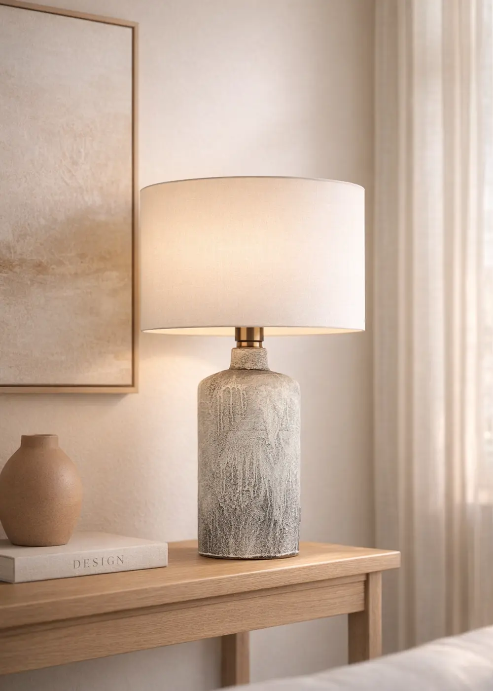 Oslo Doğal Taş Görünümlü Seramik Abajur – Krem Şapkalı