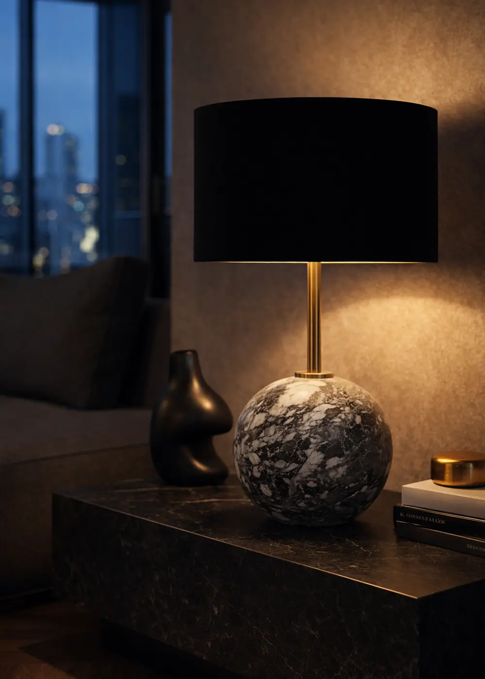 Point Mermer Görünümlü Gri Masa Lambası - Siyah Şapka