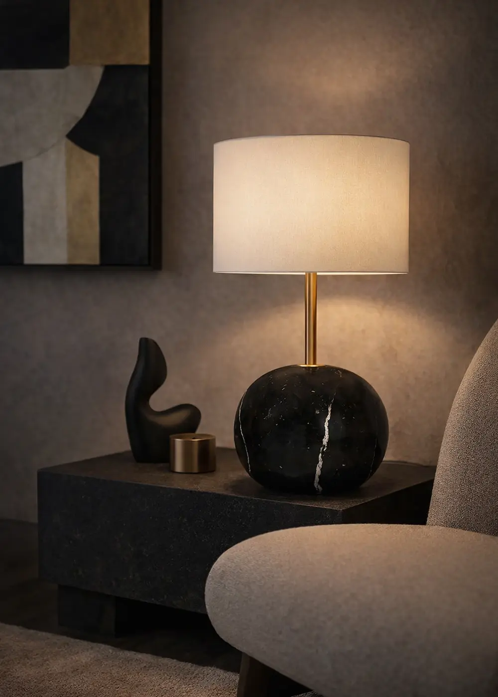 Point Mermer Görünümlü Siyah Abajur - Krem Şapka