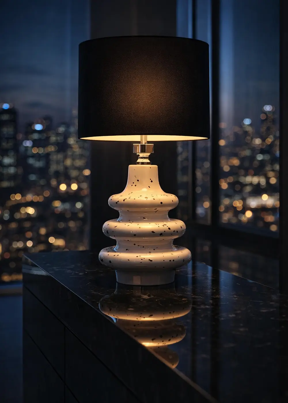 Atlanta Beyaz üzeri Siyah Benekli Seramik Abajur – Siyah Başlık