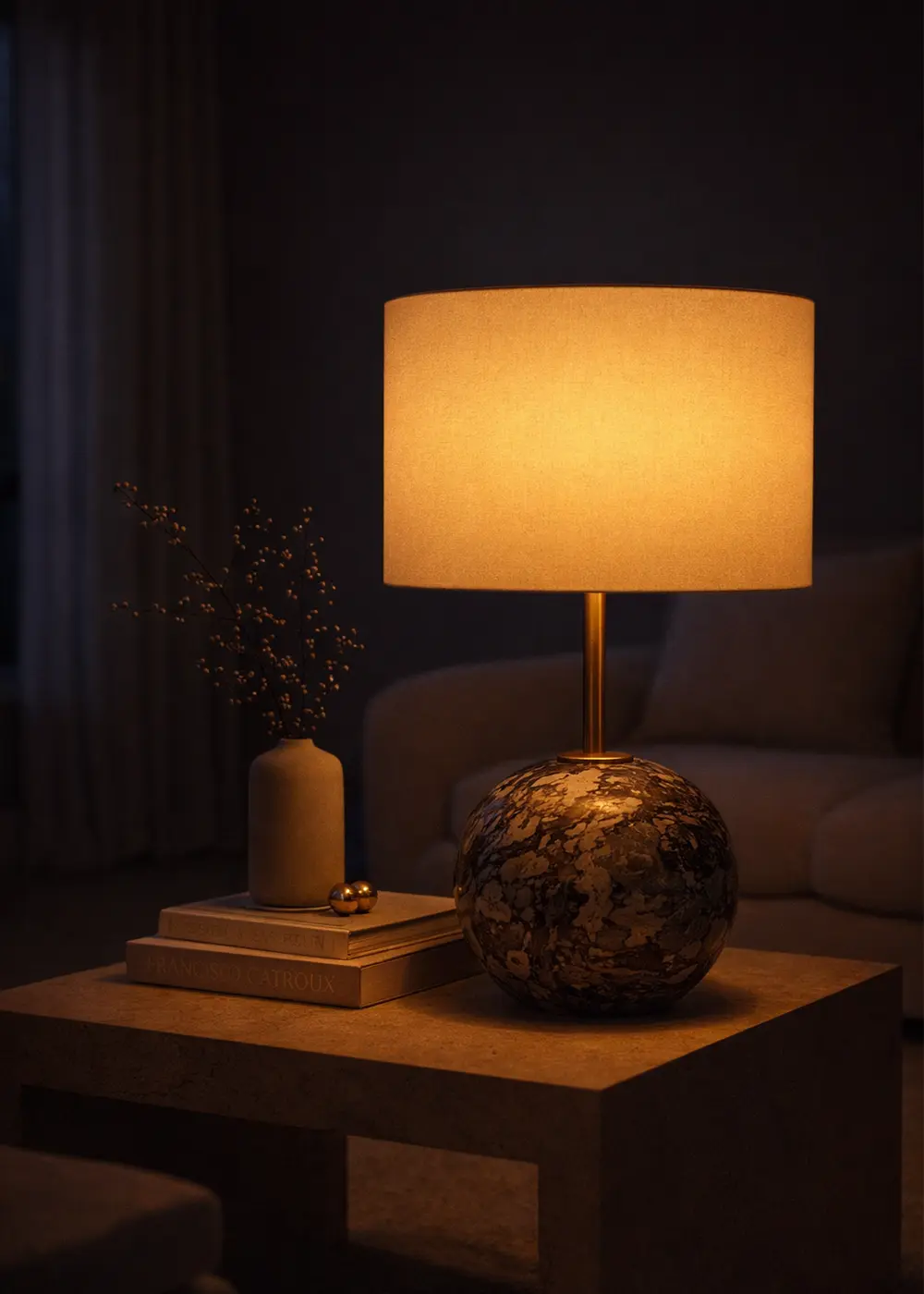 Point Mermer Görünümlü Gri Masa Lambası - Krem Şapka