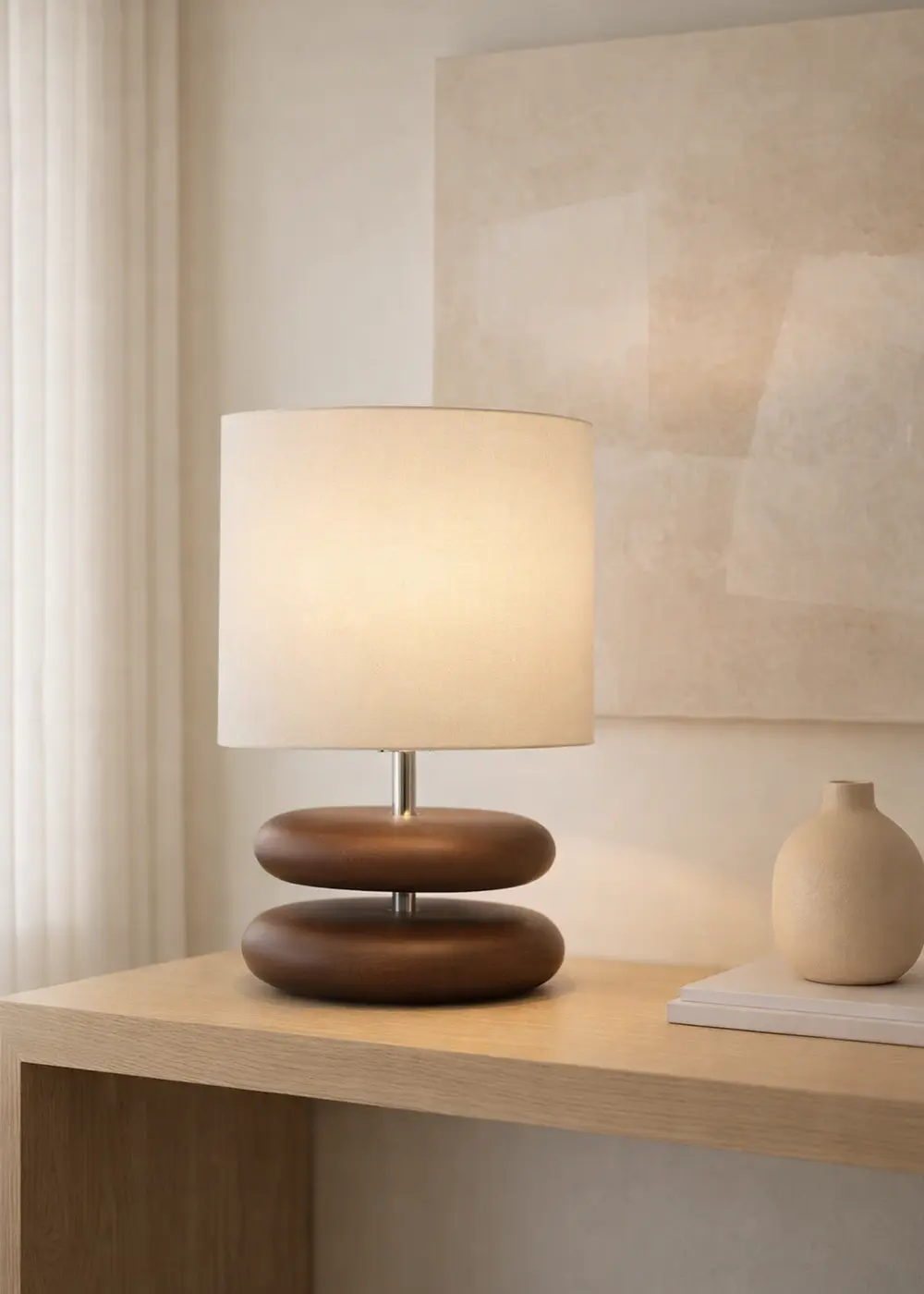 El Yapımı Modern Mono Ahşap Abajur – Krem Şapka