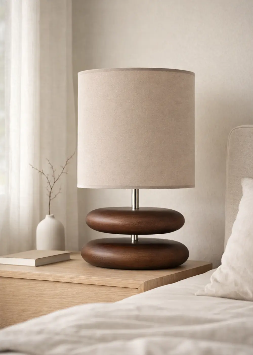 El Yapımı Modern Mono Ahşap Abajur – Bej Şapka