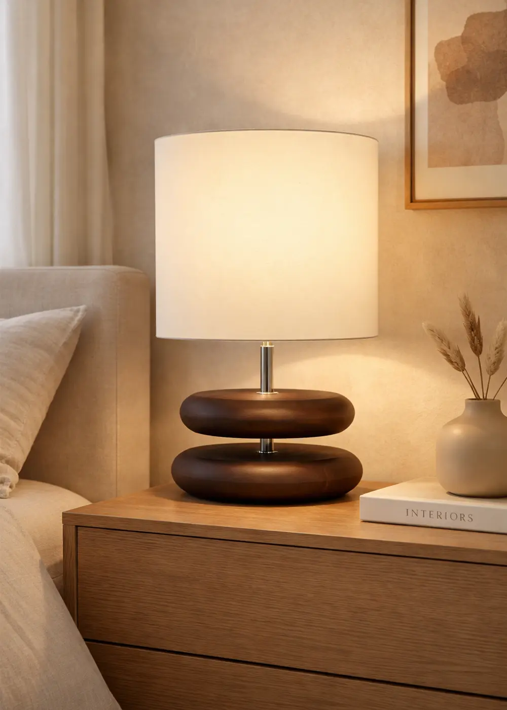 Mono Koyu Ceviz Ahşap Gövde Abajur – Krem Kumaş Şapkalı