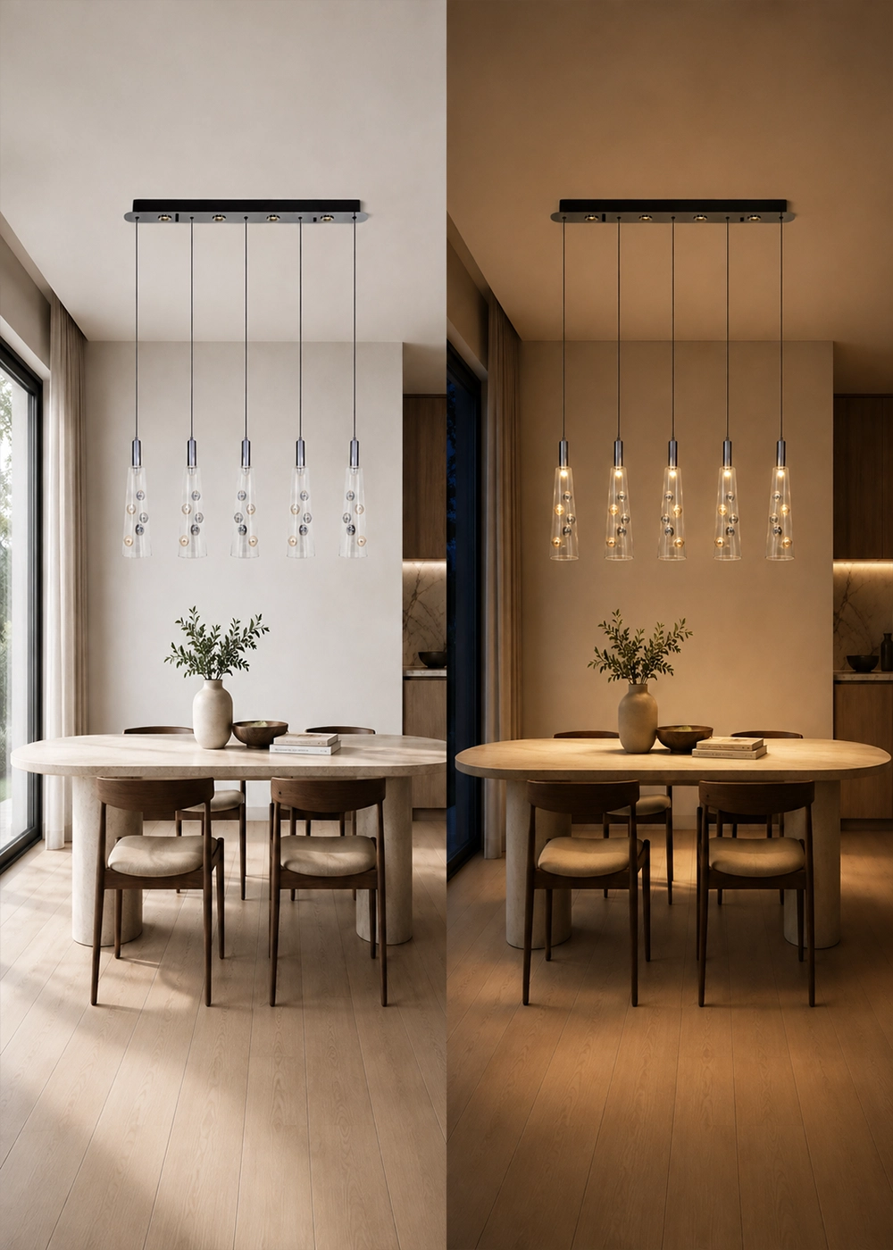 Funnel 5'li Sıralı Sarkıt – Modern Şeffaf Cam LED Avize