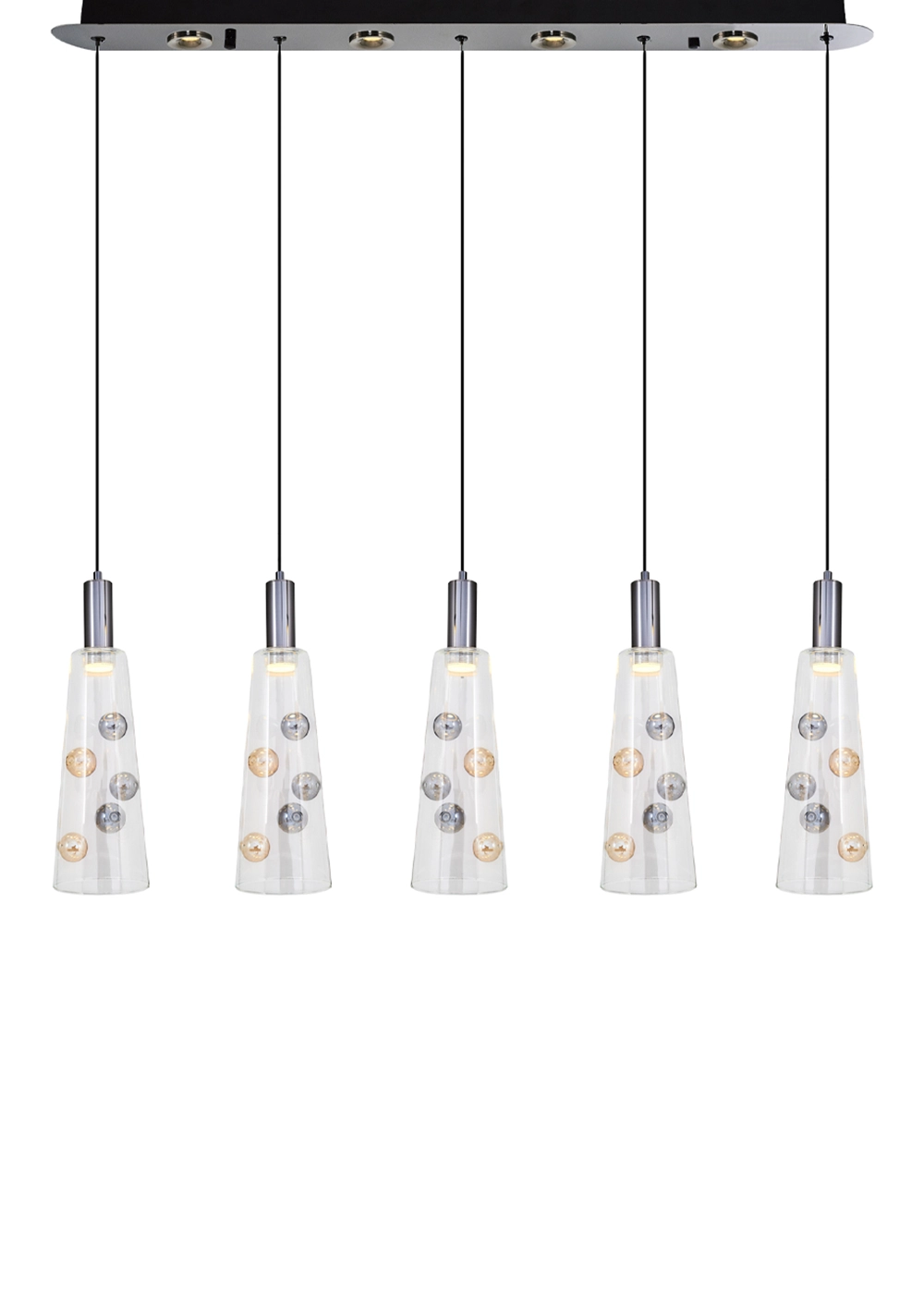 Funnel 5'li Sıralı Sarkıt – Modern Şeffaf Cam LED Avize