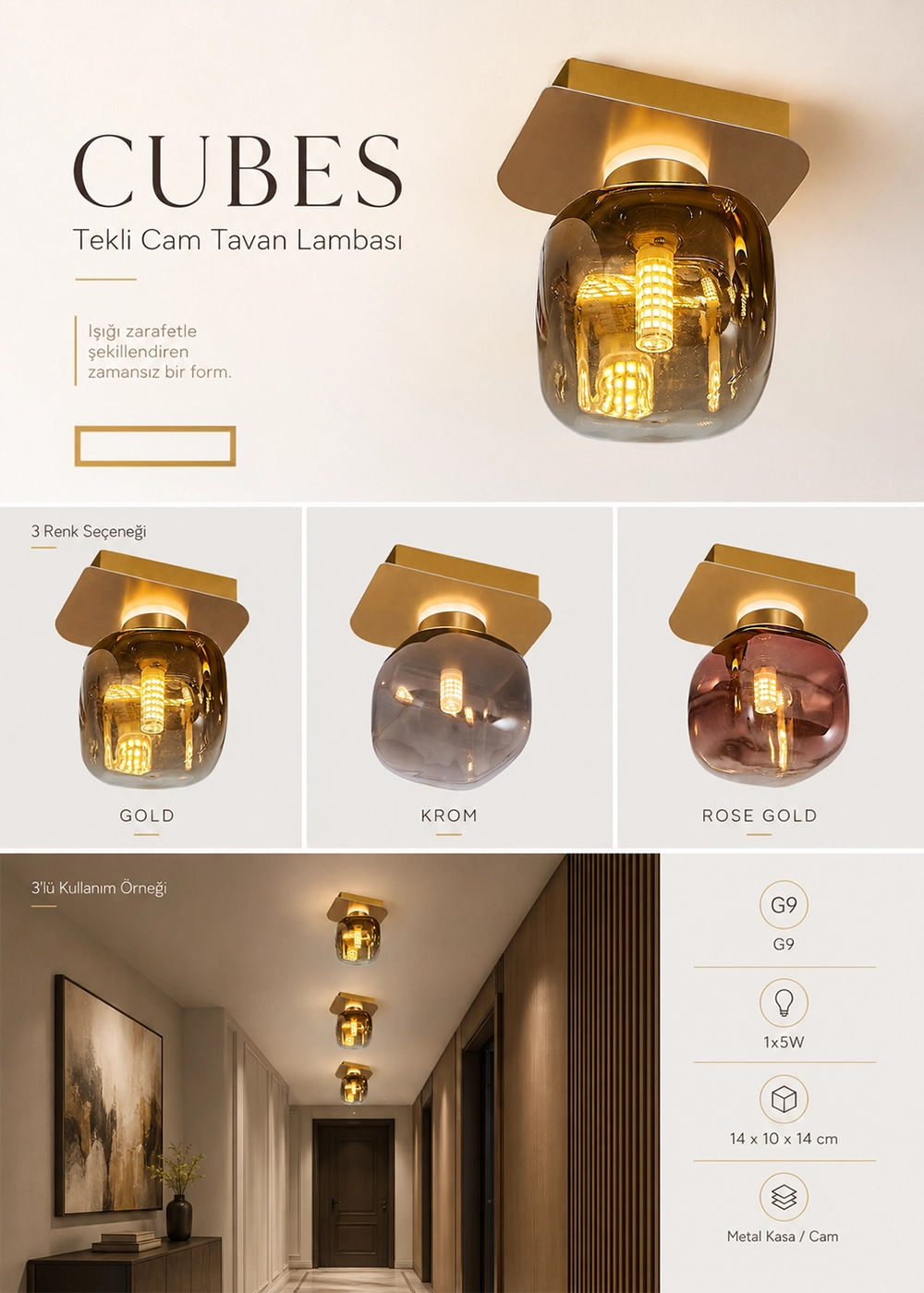 Cubes Tekli Cam Tavan Lambası – Gold, Krom ve Rose Gold Seçenekleri