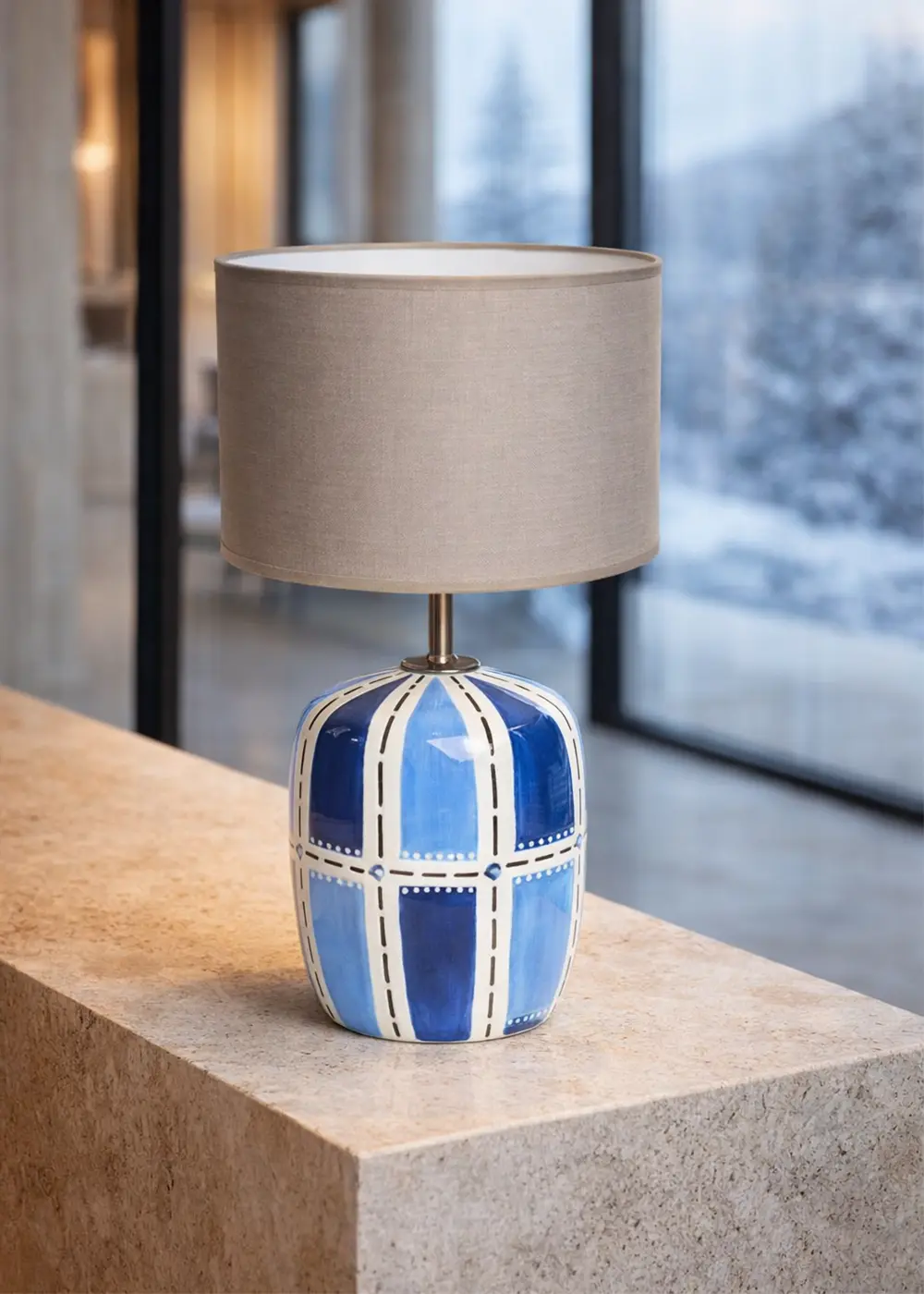 Mavi Blok Desenli Seramik Abajur