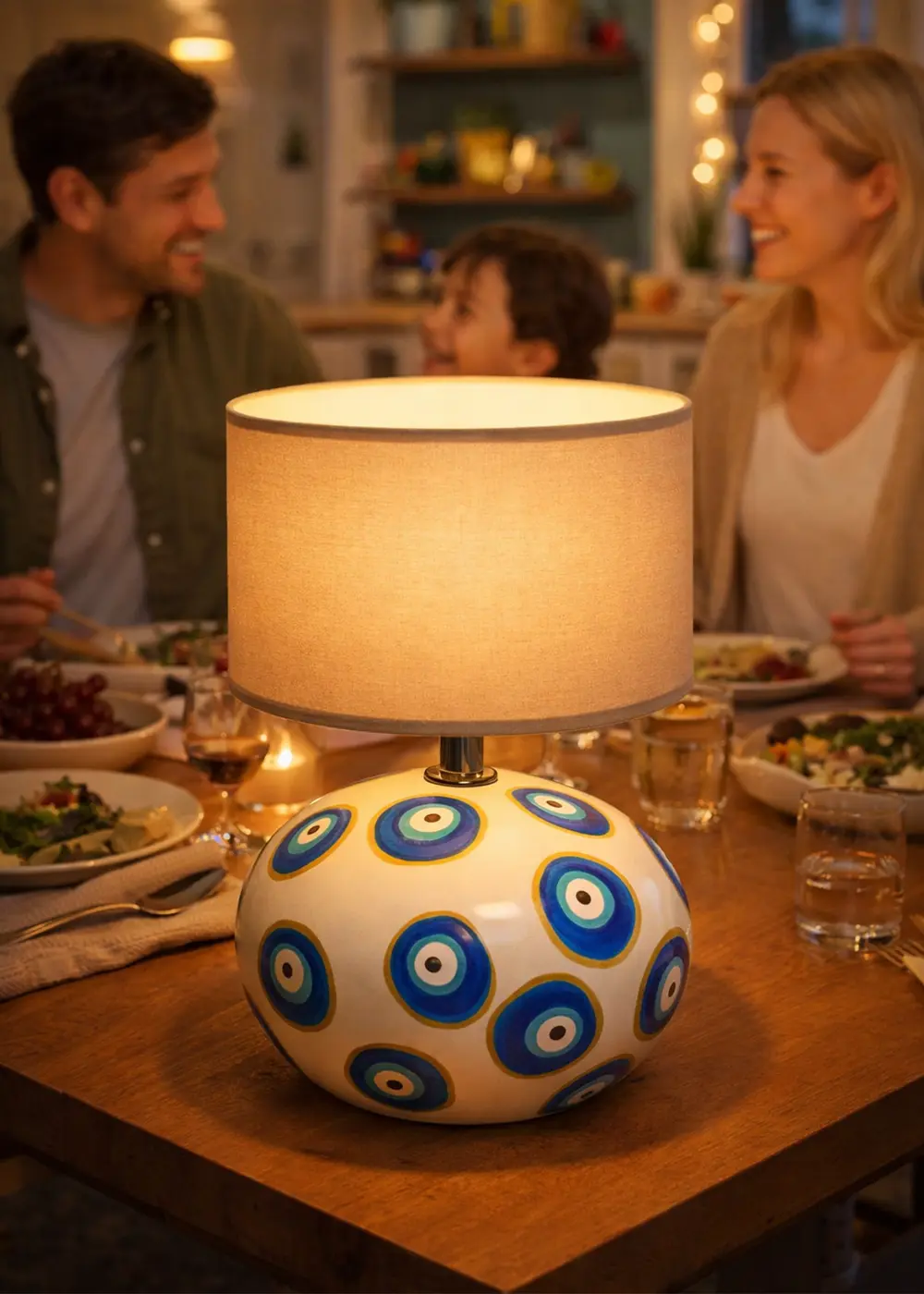 Nazar Boncuk Desenli Seramik Abajur