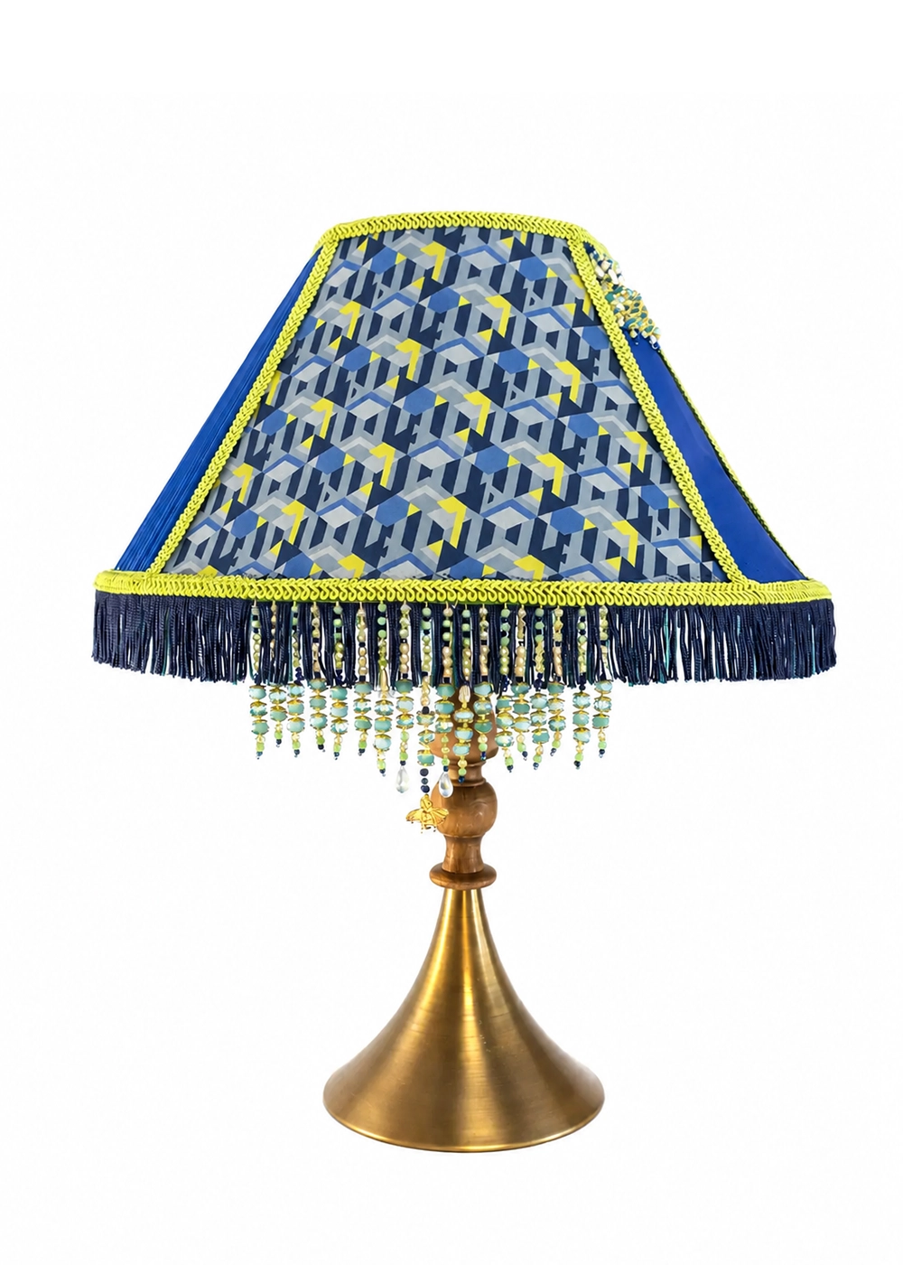 Mavi Retro Abajur | Ahşap & Metal Ayak | Kristal-İnci | Gold Arı Charm