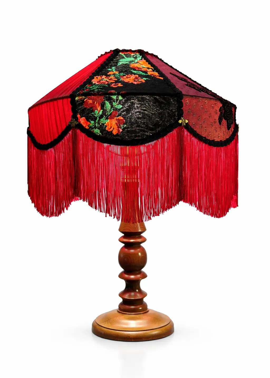 Kırmızı El Yapımı Abajur | Kristal & Cam Kum Boncuk İşlemeli | Ahşap Ayak