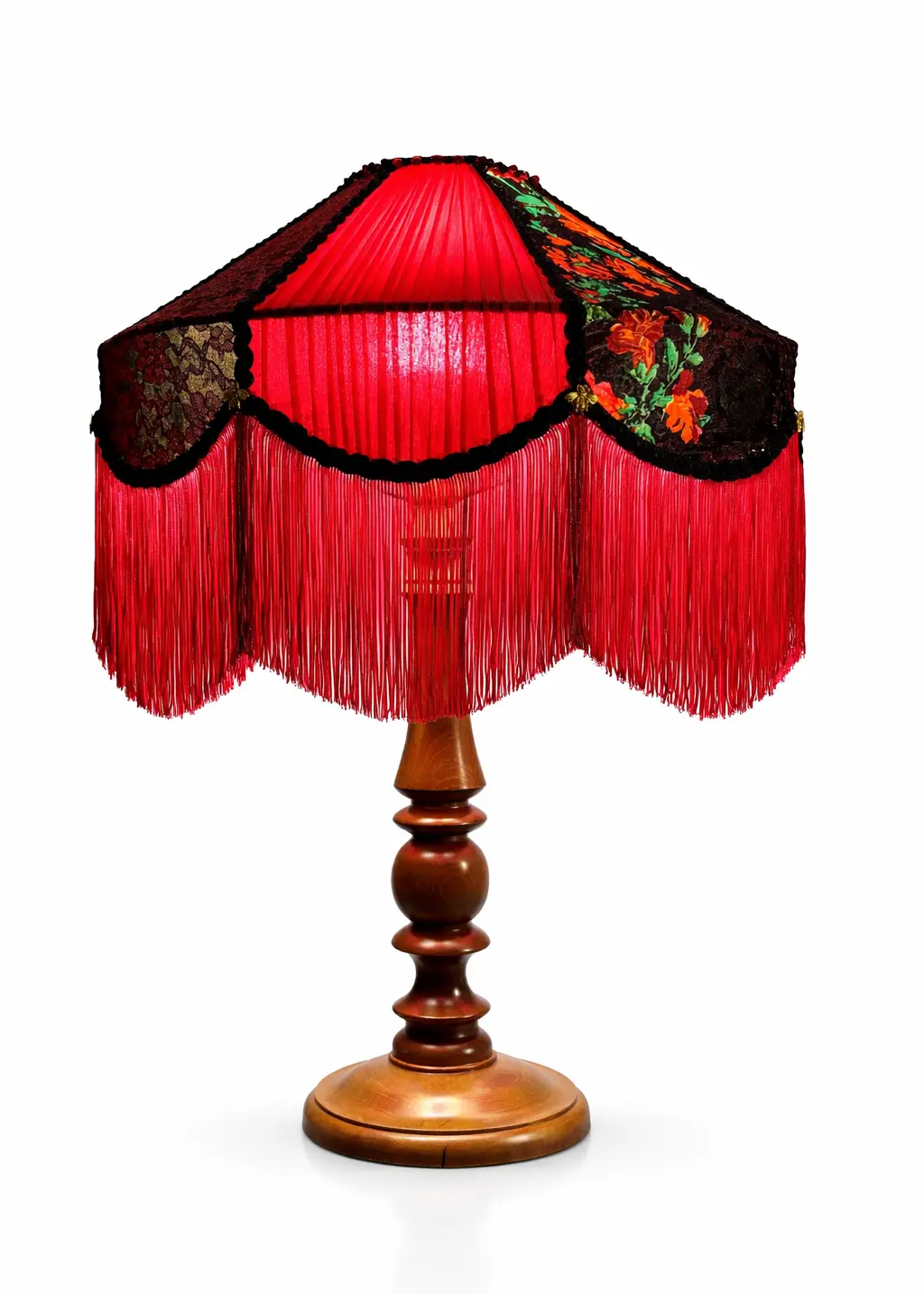 Kırmızı El Yapımı Abajur | Kristal & Cam Kum Boncuk İşlemeli | Ahşap Ayak