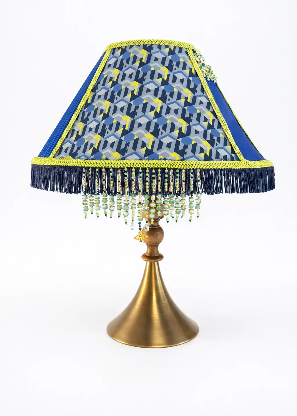 Mavi Retro Abajur | Ahşap & Metal Ayak | Kristal-İnci | Gold Arı Charm