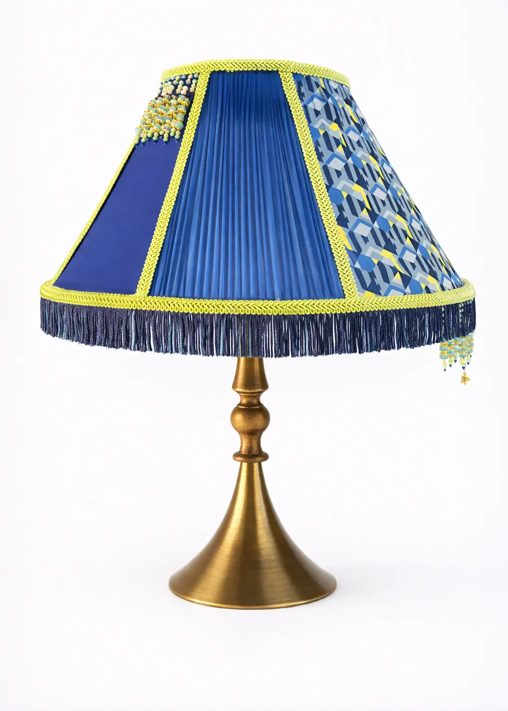 Mavi Retro Abajur | Ahşap & Metal Ayak | Kristal-İnci | Gold Arı Charm