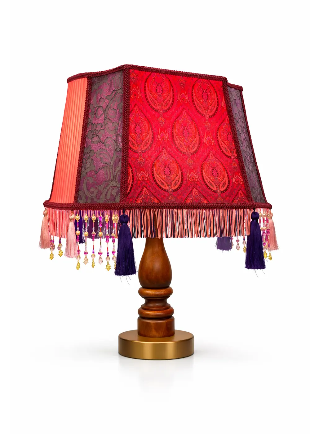 Pembe El Yapımı Abajur | İnci & Kristal Boncuk İşlemeli | Ahşap Ayak