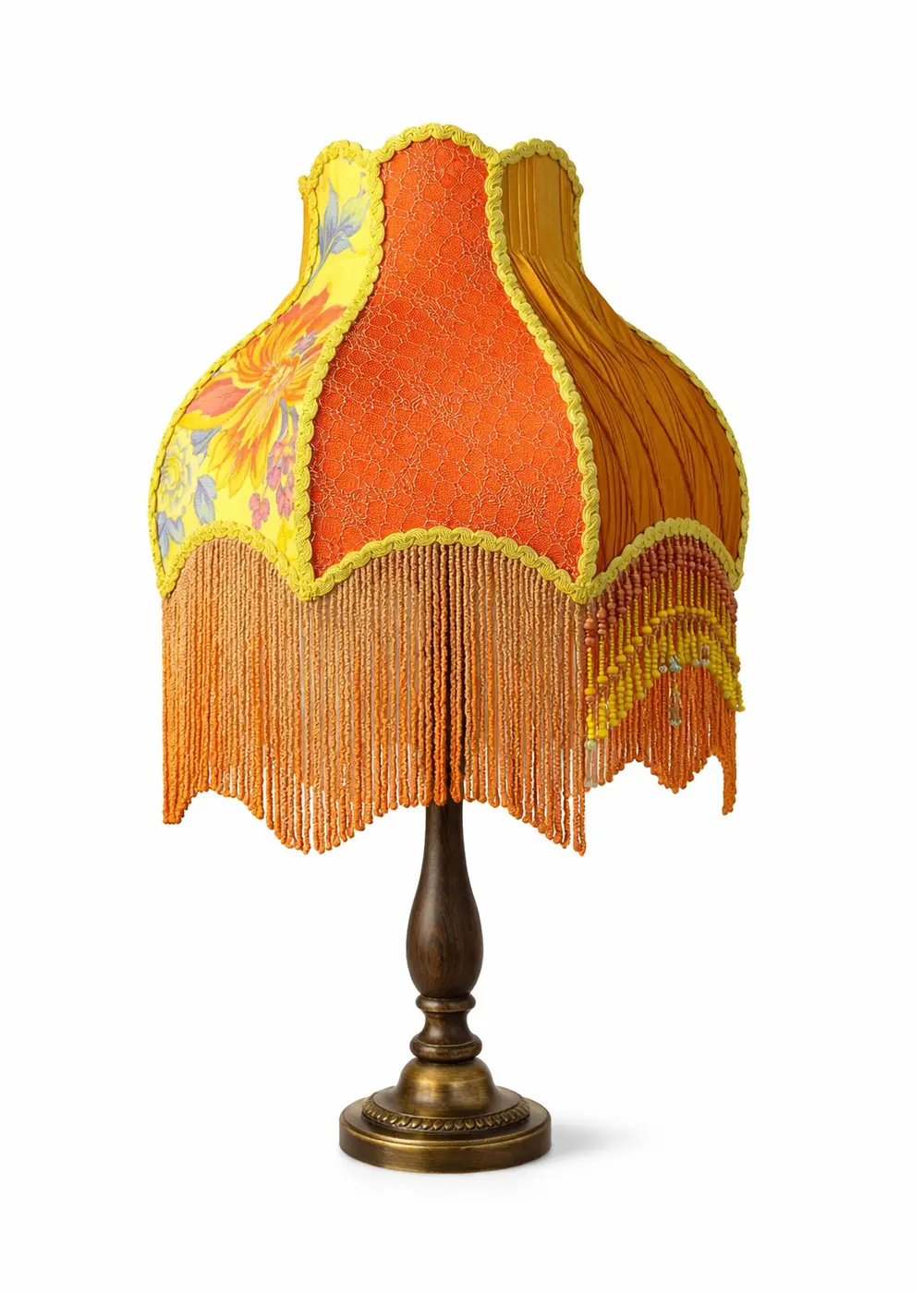 Sarı El Yapımı Abajur I  Fransız Danteli & Kristal Boncuk İşlemeleli I Ahşap Ayak